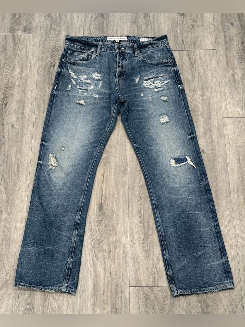 Guess Men's Dark Blue Wash Distressed Lightweight Denim Rodeo Straight Leg Jeans